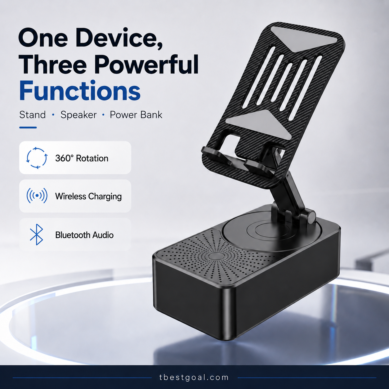 Presenttips - 3-i-1 trådlös Bluetooth-högtalare, laddningsstation och mobilställ