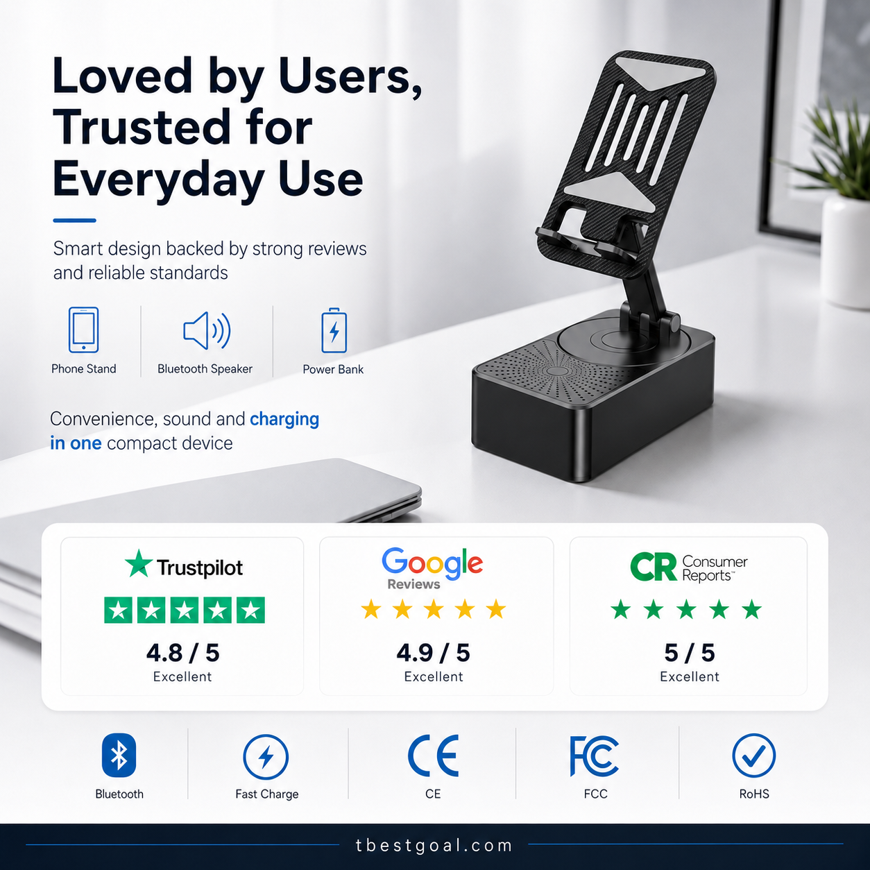 Presenttips - 3-i-1 trådlös Bluetooth-högtalare, laddningsstation och mobilställ