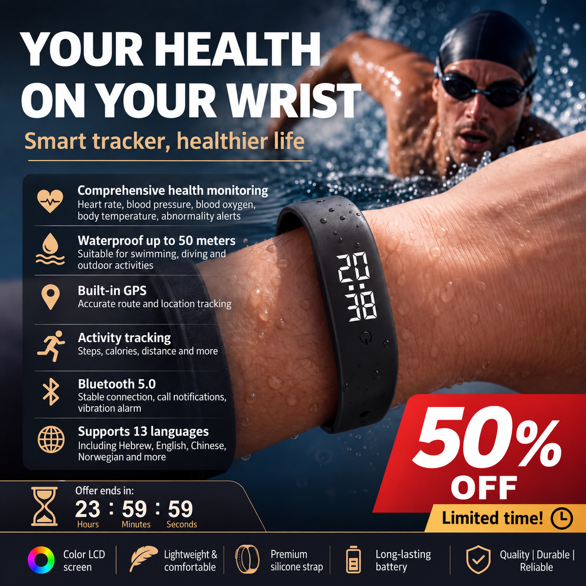 ⌚ SmartSense-aktivitetsmätare – mäter kroppstemperaturen. Vattentålig ner till 50 meters djup – perfekt för träning och vardag! 💪🔥