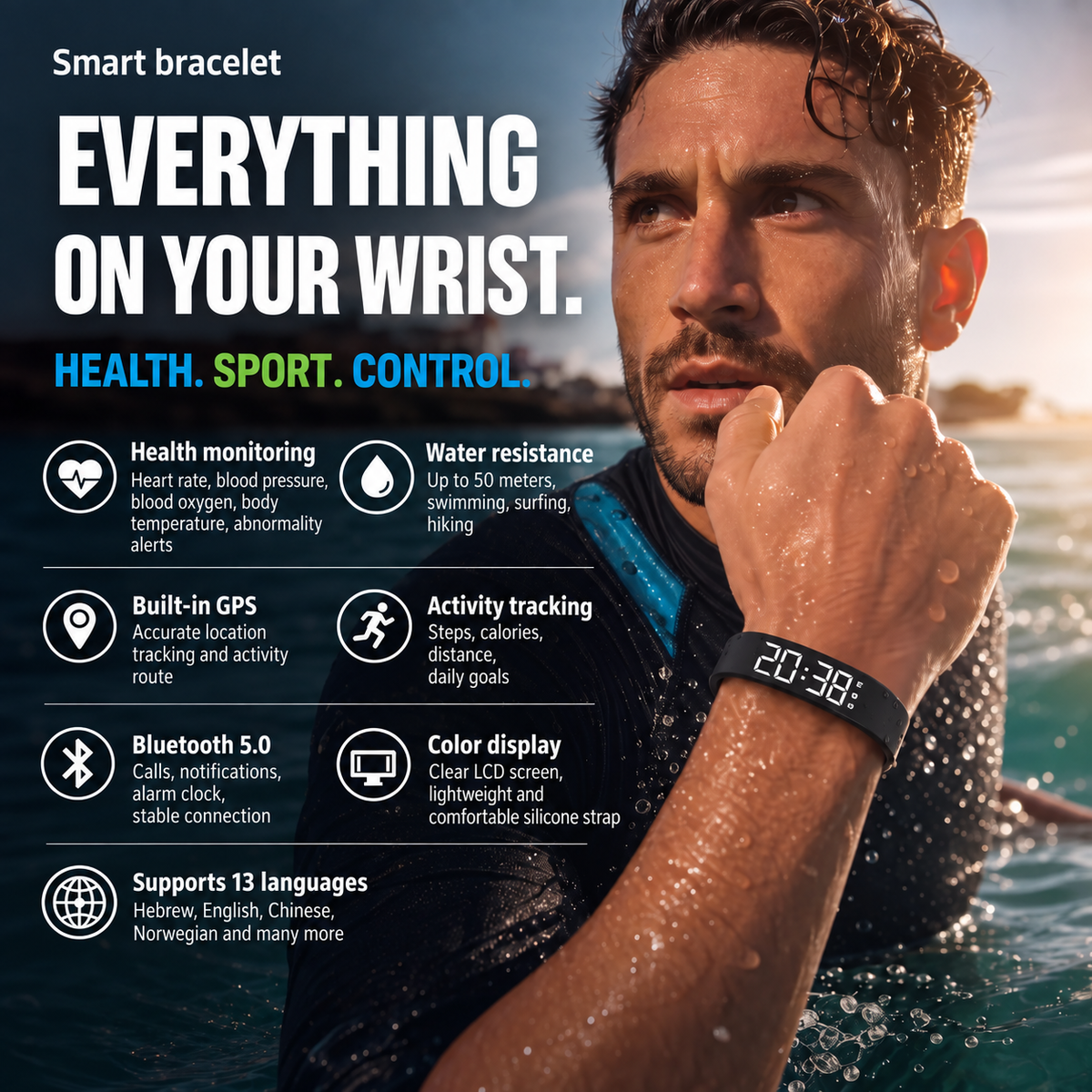 ⌚ SmartSense-aktivitetsmätare – mäter kroppstemperaturen. Vattentålig ner till 50 meters djup – perfekt för träning och vardag! 💪🔥