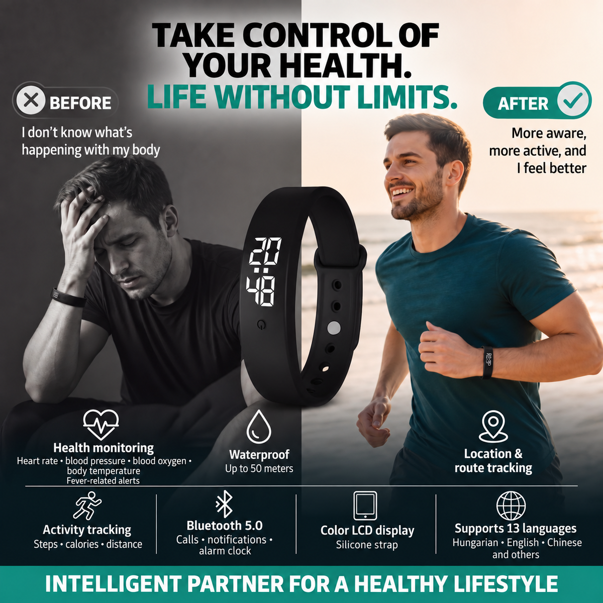 ⌚ SmartSense-aktivitetsmätare – mäter kroppstemperaturen. Vattentålig ner till 50 meters djup – perfekt för träning och vardag! 💪🔥