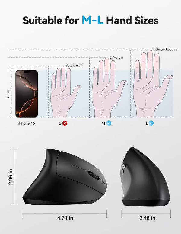 Trådlös USB-uppladdningsbar ergonomisk vertikal optisk mus