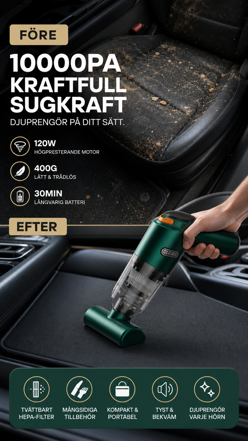 🚗 50 % RABATT NU! 🔋 Kraftfull sladdlös bildammsugare – kompakt och lätt med 10 000 Pa sugkraft 🧹