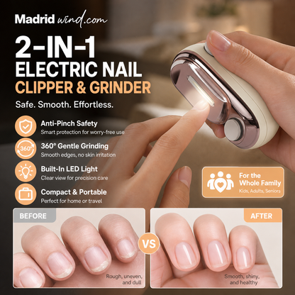 🎉 2026-REA – Över 113 000 sålda! ✂️ Smart elektrisk 2-i-1-nagelklippare och polerare – klämskydd och LED-lampa 💅