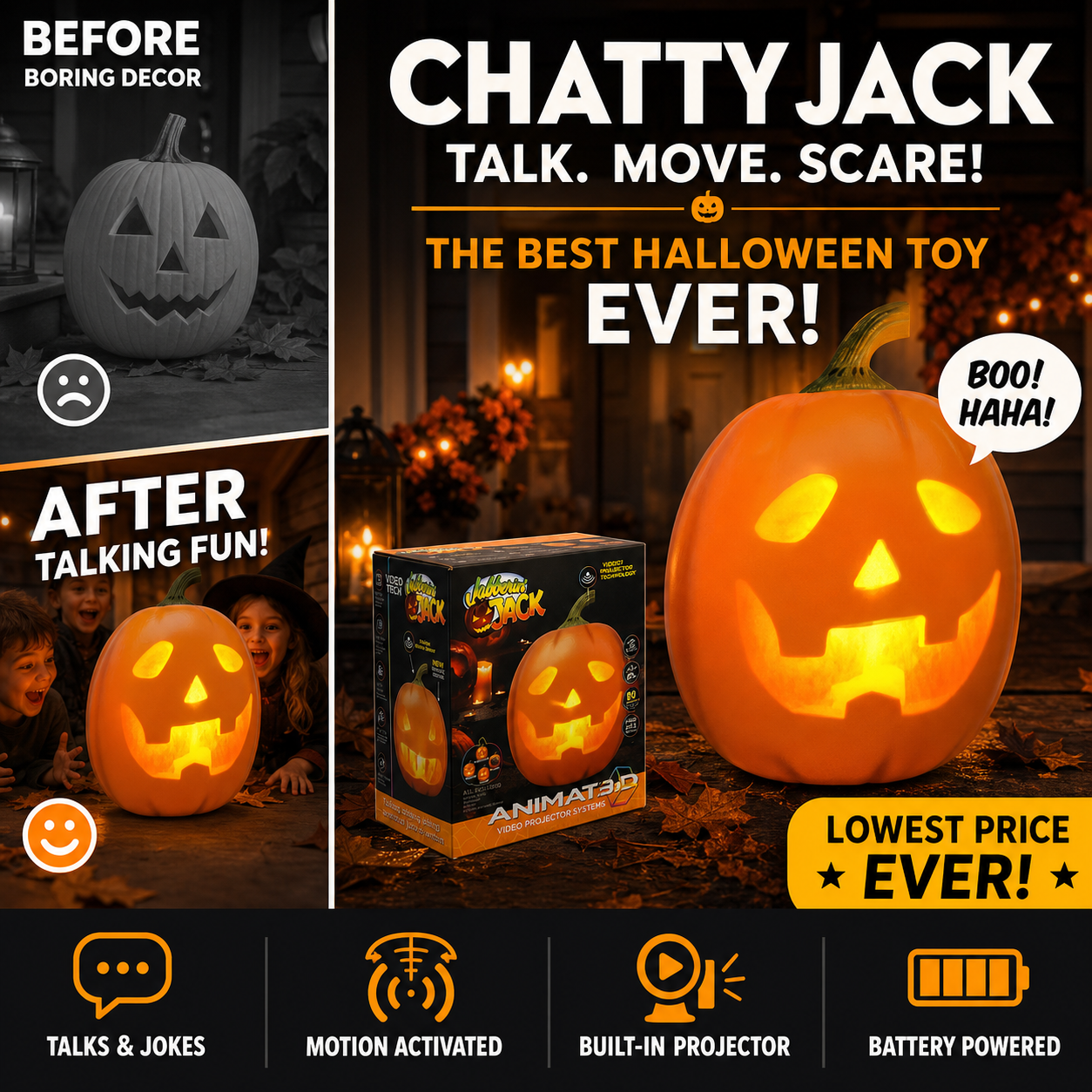 📢⏰Lägsta pris någonsin🎁Jabberin' Jack – animerad, talande och sjungande pumpa