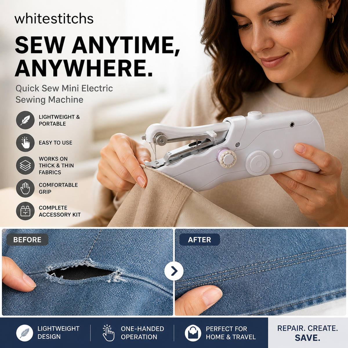 🧵✨ 50 % RABATT NU! Mini Elektrisk Symaskin – Kompakt, Portabel & Enkel Att Använda för Snabba Syprojekt