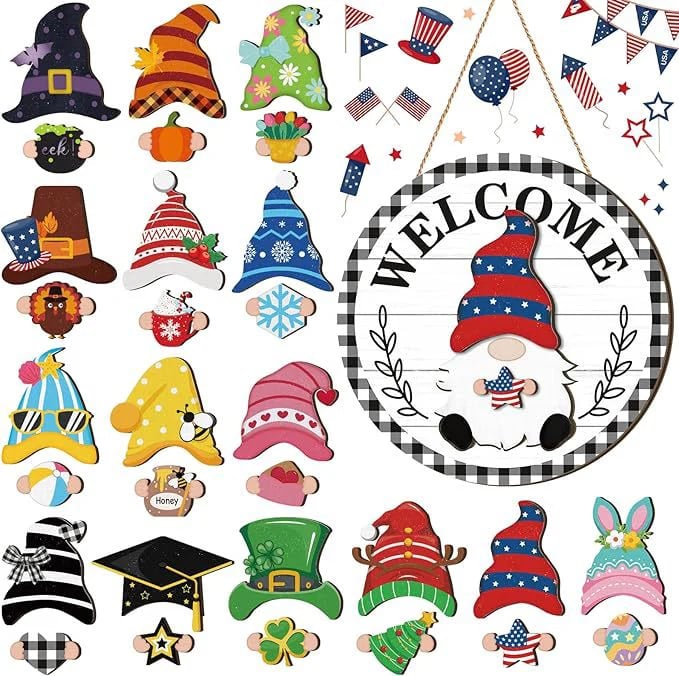 🎅Saisonangebot🌟Ihr ganzjähriges Fest der Kreativität!🎄Austauschbares hölzernes Gnom-Willkommensschild🎈