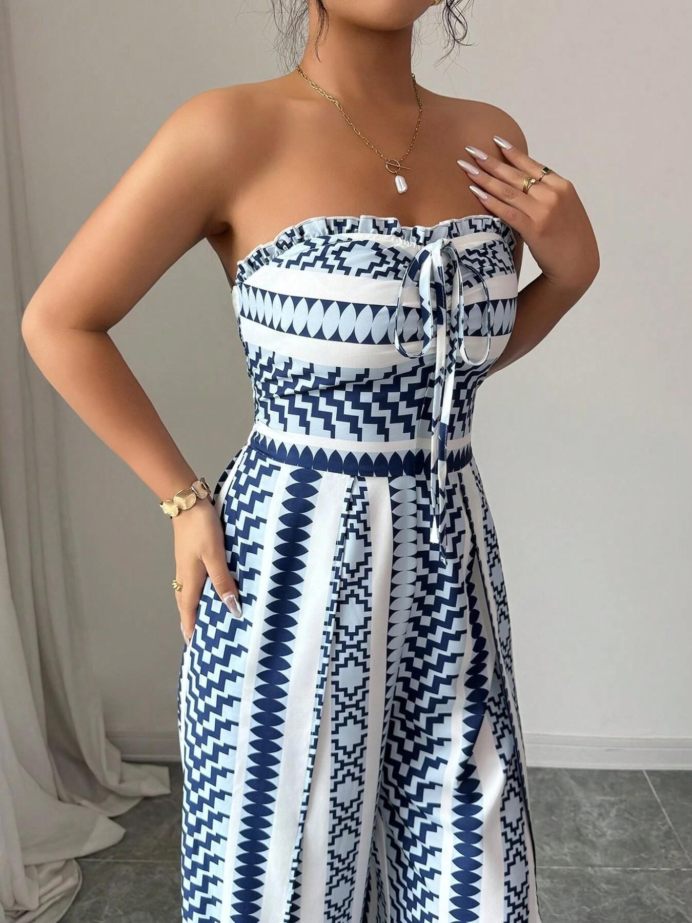 👗 50% RABATT NU! 🌺 Geometrisk Jumpsuit med Sidoslits – Elastisk Rygg & Unikt Mönster ✨
