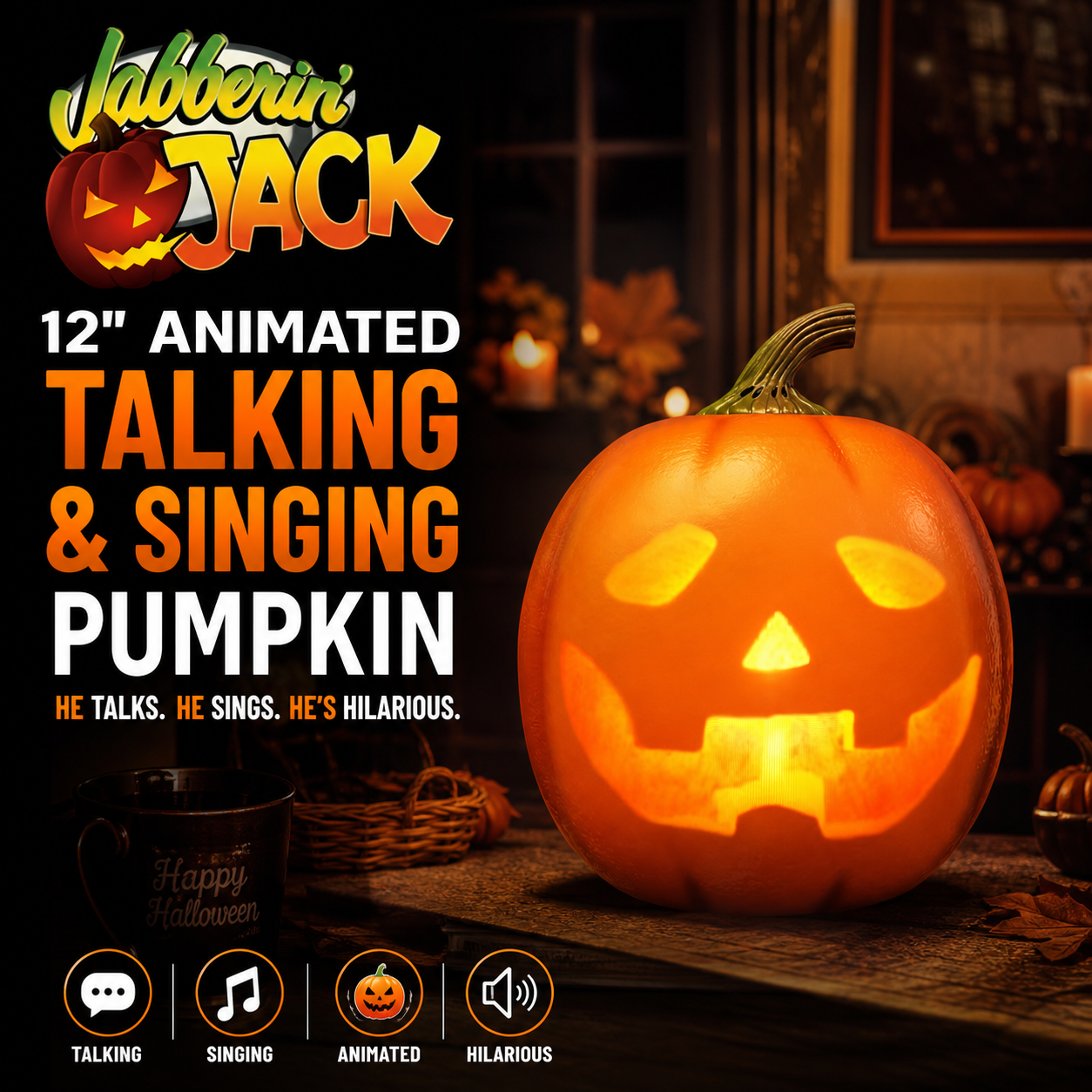 📢⏰Lägsta pris någonsin🎁Jabberin' Jack – animerad, talande och sjungande pumpa