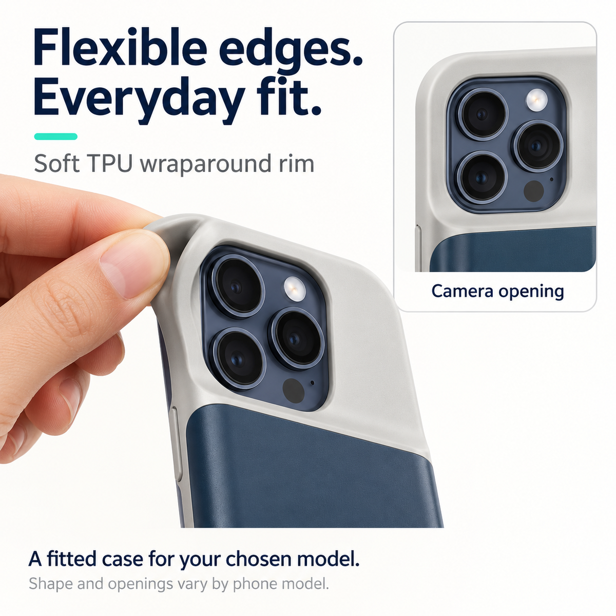 Flexibel TPU-kant och kameraöppning på det blå batteriskalet.