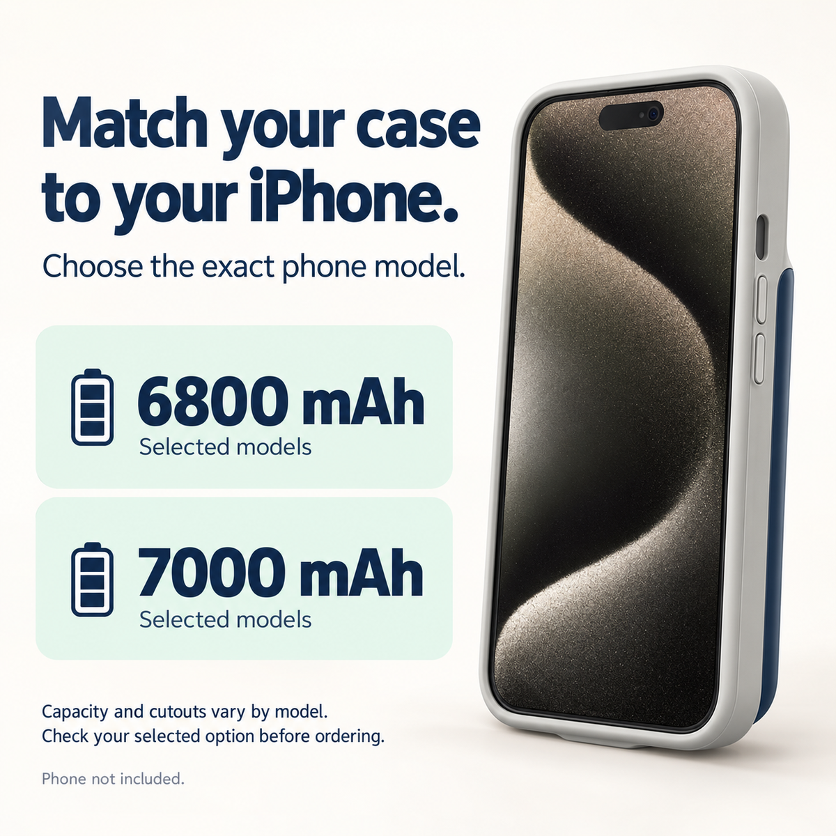 Alternativ på 6800 mAh och 7000 mAh; välj exakt iPhone-modell.