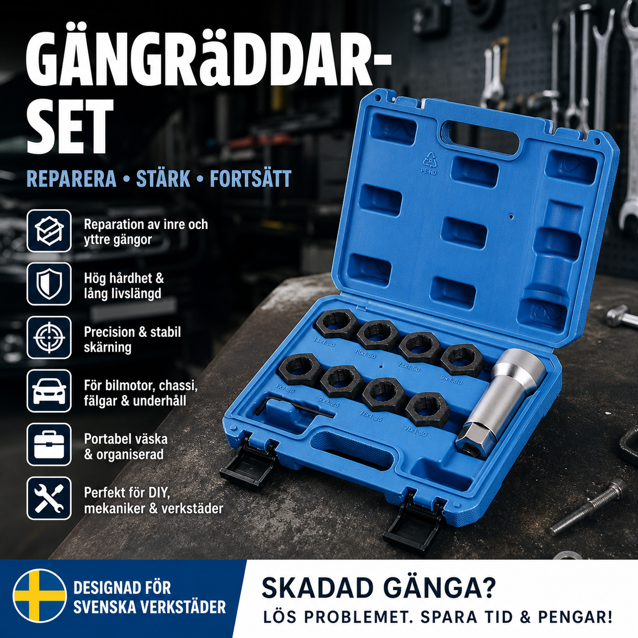 10-delars verktygssats för reparation av skruvgängor i fordon