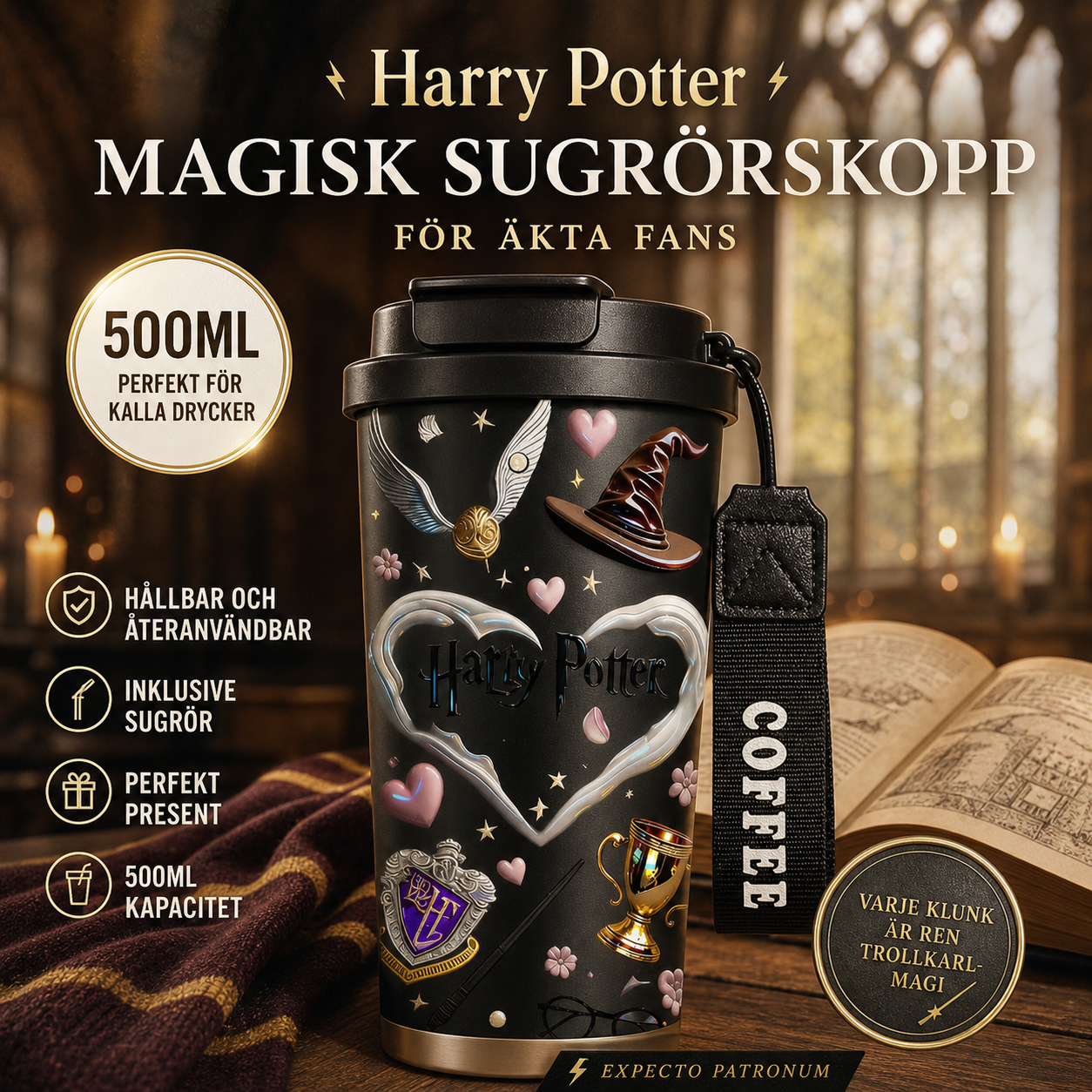 Harry Potter-magi – Patron-glas med sugrör