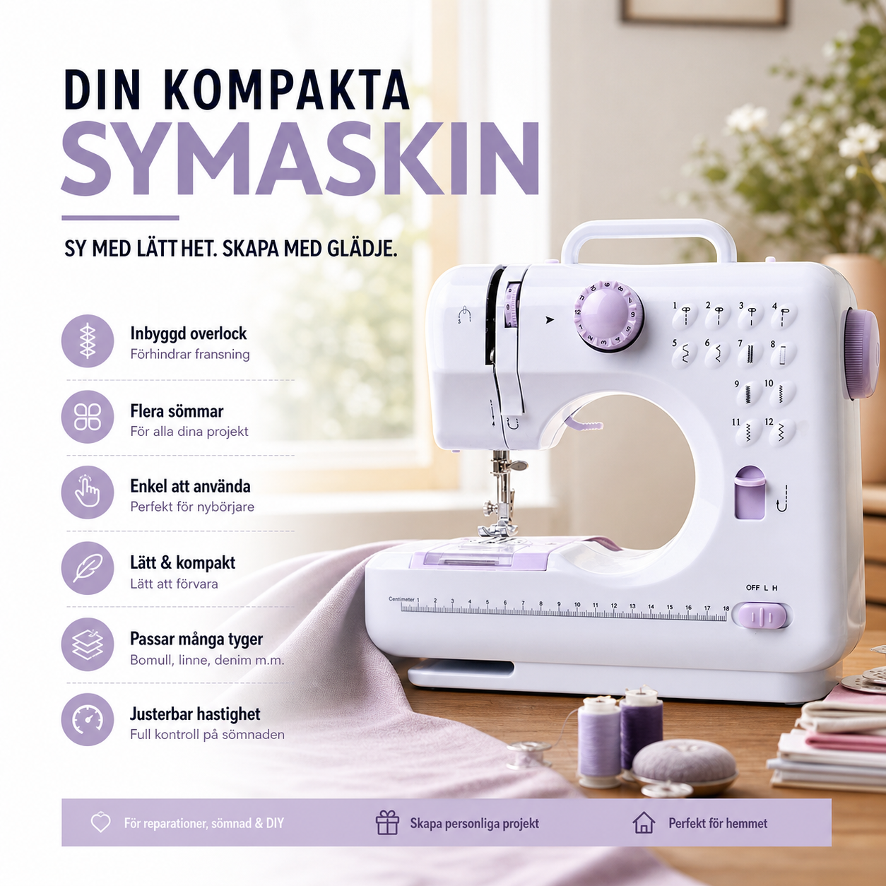Multifunktionell symaskin med overlockstygn