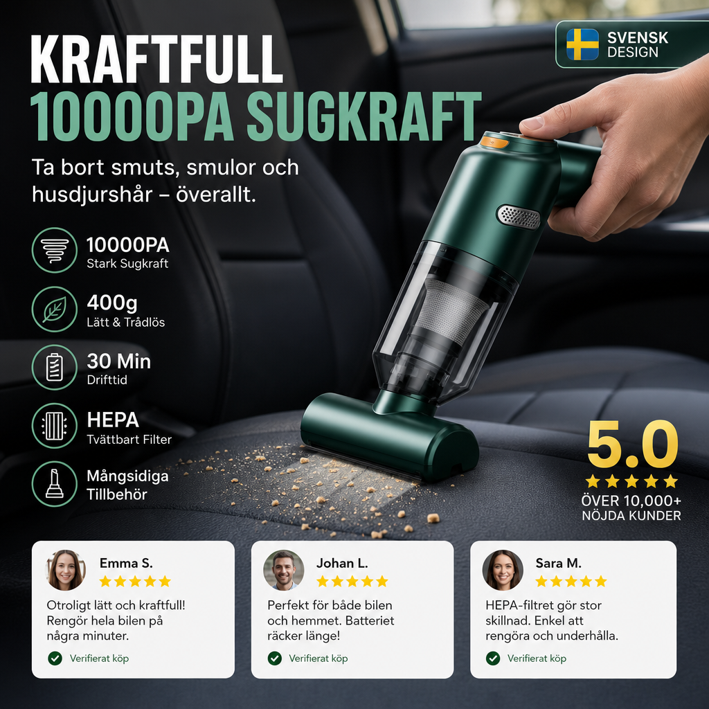 🚗 50 % RABATT NU! 🔋 Kraftfull sladdlös bildammsugare – kompakt och lätt med 10 000 Pa sugkraft 🧹