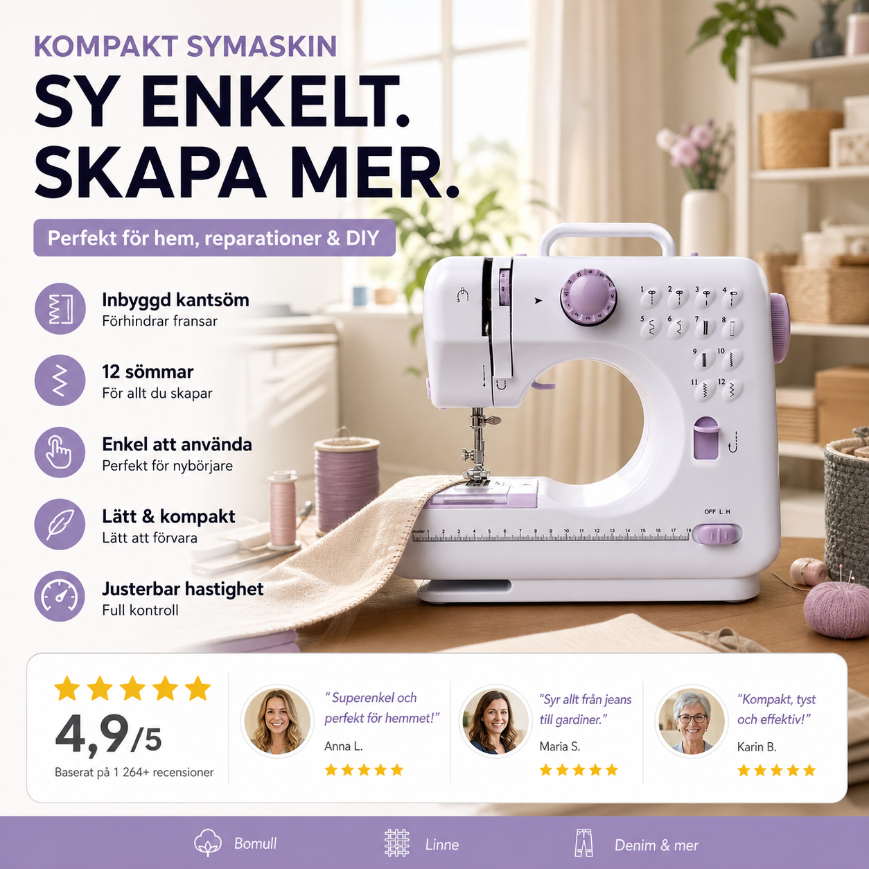 Multifunktionell symaskin med overlockstygn