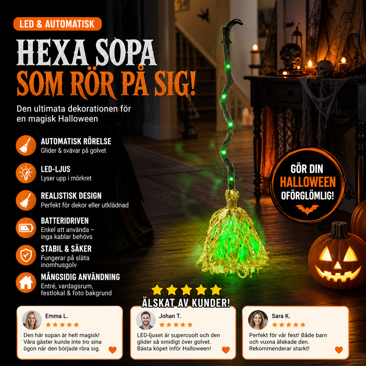 Elektrisk häxkvast som Halloween-dekoration