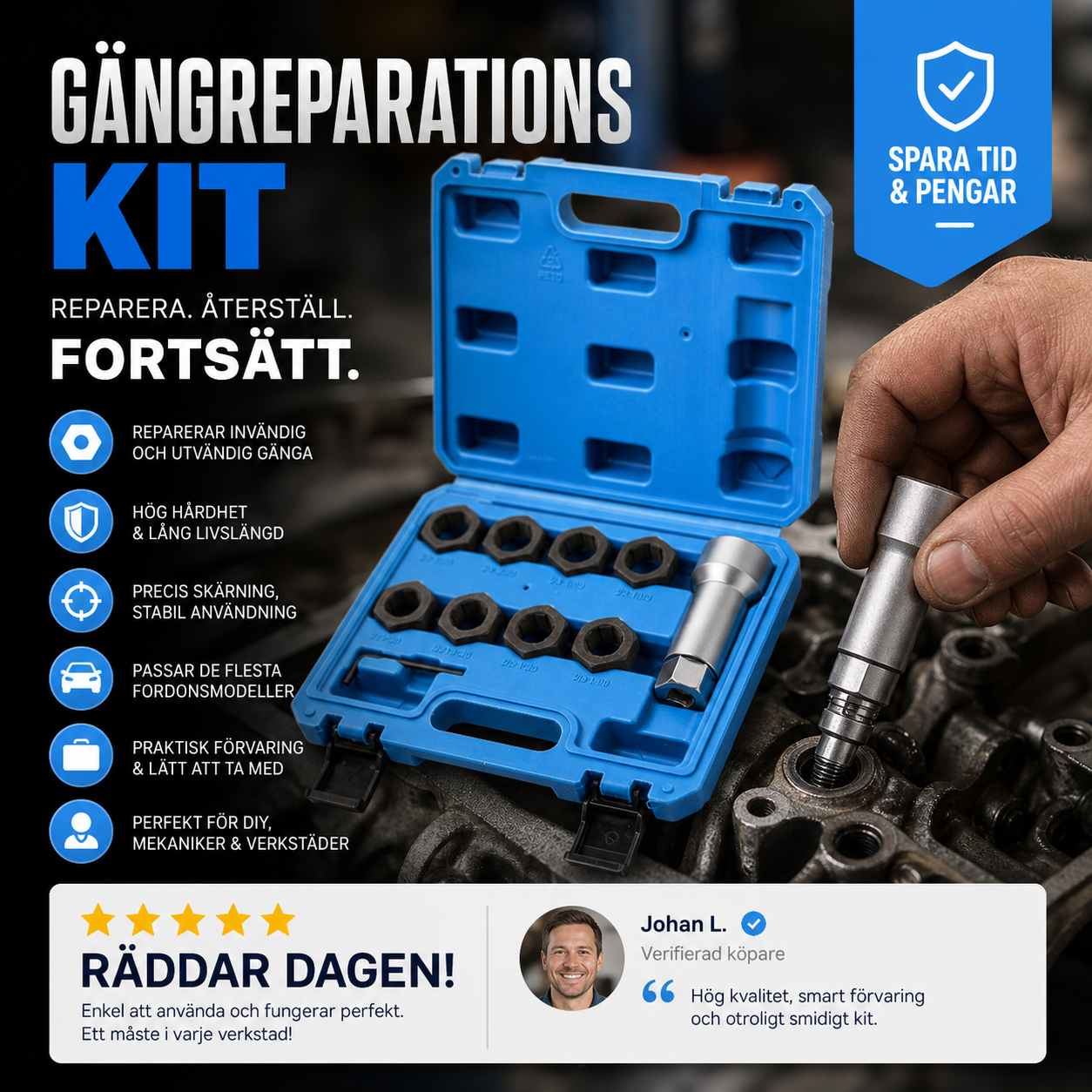 10-delars verktygssats för reparation av skruvgängor i fordon