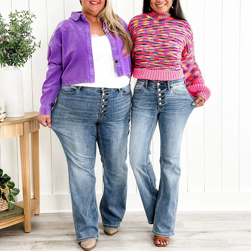 🎁Rabattkampanj: 50 % rabatt👖Jeans med medelhög midja, knäppning och utsvängda be