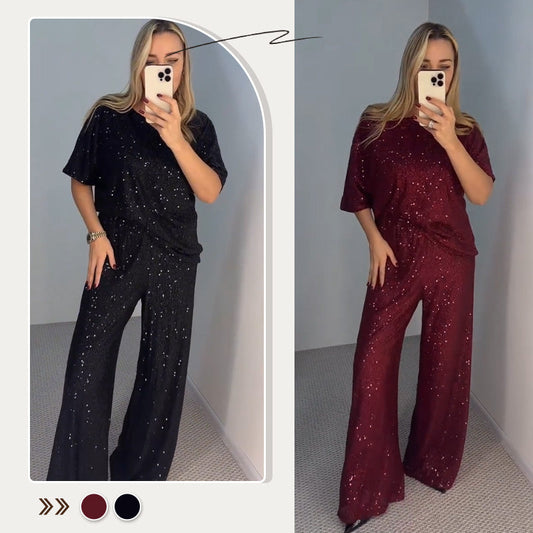 Sequin Crewneck Top & Loose Trousers för kvinnor