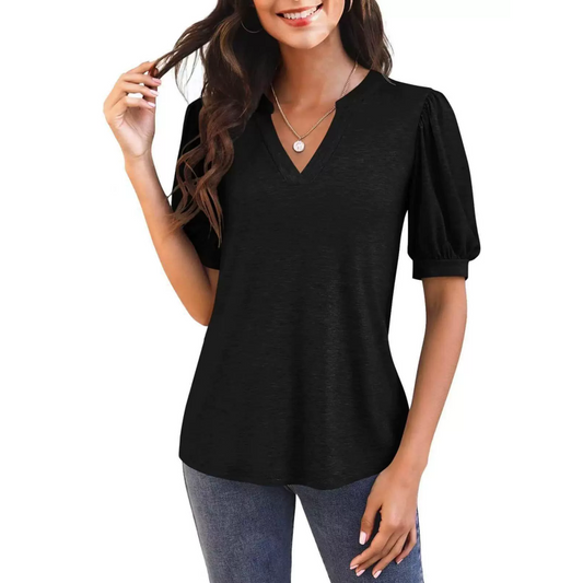 💥Sista dagen Specialförsäljning 50% OFF👚Kvinnor V-Neck Casual Puff Kortärmad Topp Elegant T-Shirt