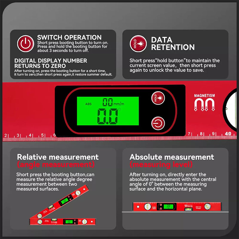 📏 Multifunktionellt magnetiskt vattenpass med LCD-display – Hög precision för byggnation och DIY ⚡