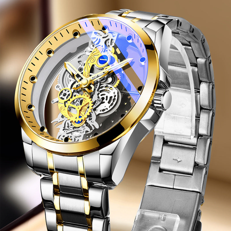 Dubbelsidig skeletonklocka med automatisk tourbillonstil och icke-mekaniskt urverk
