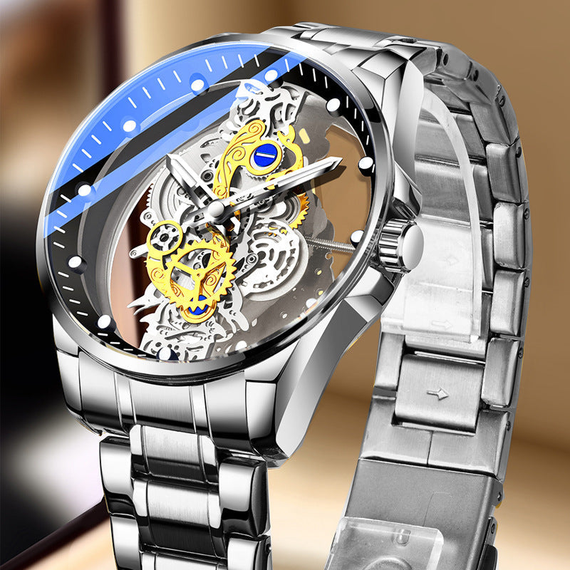 Dubbelsidig skeletonklocka med automatisk tourbillonstil och icke-mekaniskt urverk