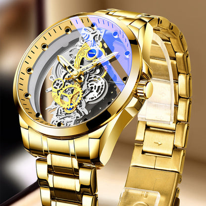 Dubbelsidig skeletonklocka med automatisk tourbillonstil och icke-mekaniskt urverk