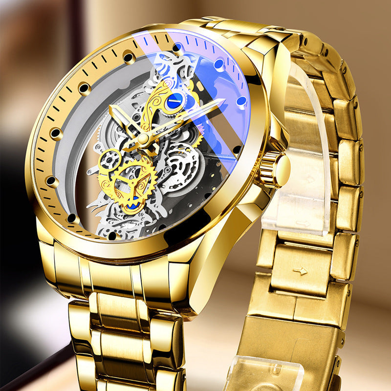 Dubbelsidig skeletonklocka med automatisk tourbillonstil och icke-mekaniskt urverk