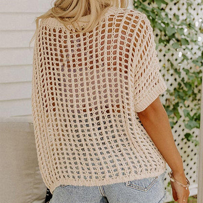 🎁2025 Ny het försäljning - Dam sommar scoop hals kortärmad tröja casual virkade ihåliga stickade toppar pullover skjortor strand täckning