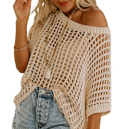 🎁2025 Ny het försäljning - Dam sommar scoop hals kortärmad tröja casual virkade ihåliga stickade toppar pullover skjortor strand täckning
