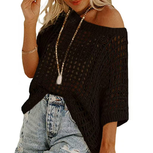 🎁2025 Ny het försäljning - Dam sommar scoop hals kortärmad tröja casual virkade ihåliga stickade toppar pullover skjortor strand täckning