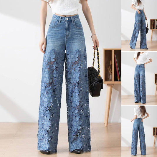 💖 SUMMERREA 2025 -49%💖 Dam Högmidjade Vida Blå Denimbyxor med Spetsinslag 👖