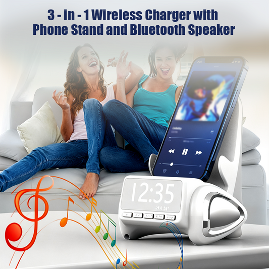 3-in-1 Wireless Charger with Phone Stand and Bluetooth Speaker