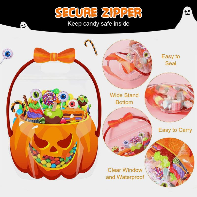 ❄️Summerfresh 50% RABATT!🍬20-pack Halloween-godispåsar med pumpamotiv – Återförslutningsbara genomskinliga kalaspåsar med handtag