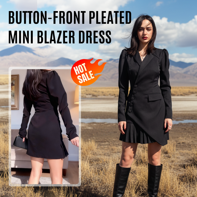 💖 Knappdetaljerad Plisserad Mini Blazerklänning 👗 Enkel Stil & Elegans