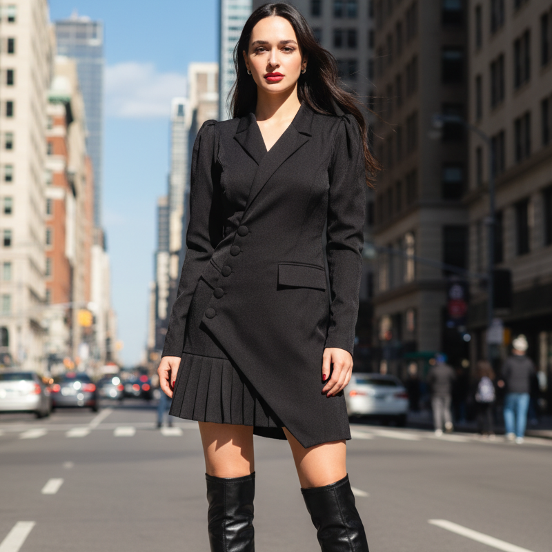 💖 Knappdetaljerad Plisserad Mini Blazerklänning 👗 Enkel Stil & Elegans