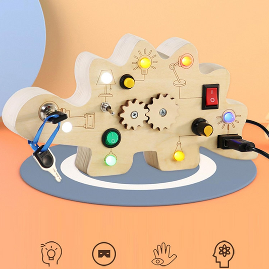 Aktivitetstavla med sensoriska knappar i trä för barn