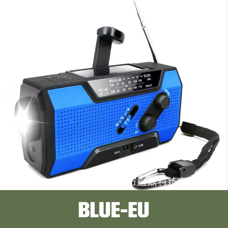 Multifunktionell solcellsdriven nödradio med vev för utomhusbruk