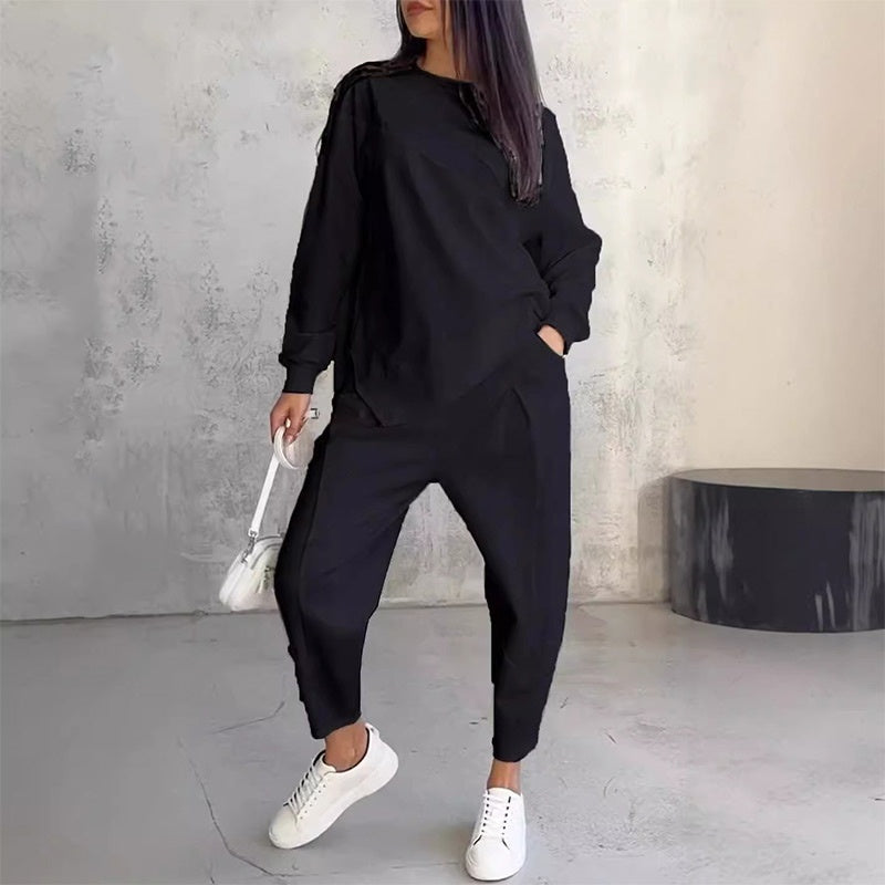 🌸✨Set med långärmade sweatshirts och byxor med oregelbunden nederkant för kvinnor