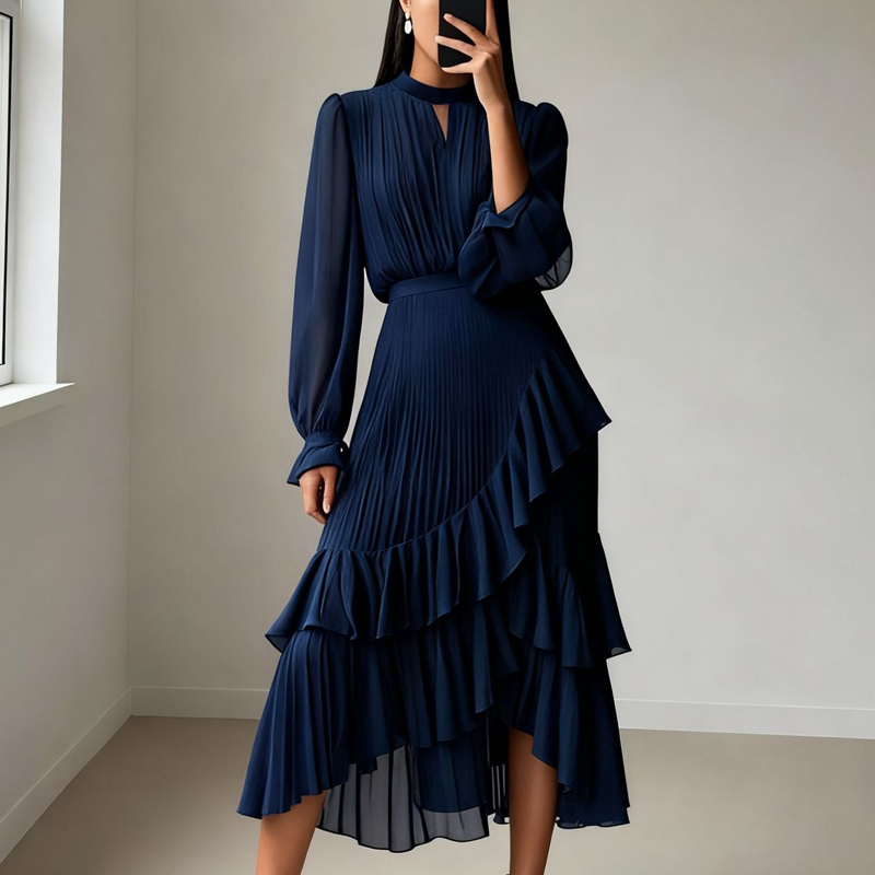 👗💕 50% RABATT! Begränsad Tid | Damernas Midi-klänning med Nyckelhålshals & Volangkant