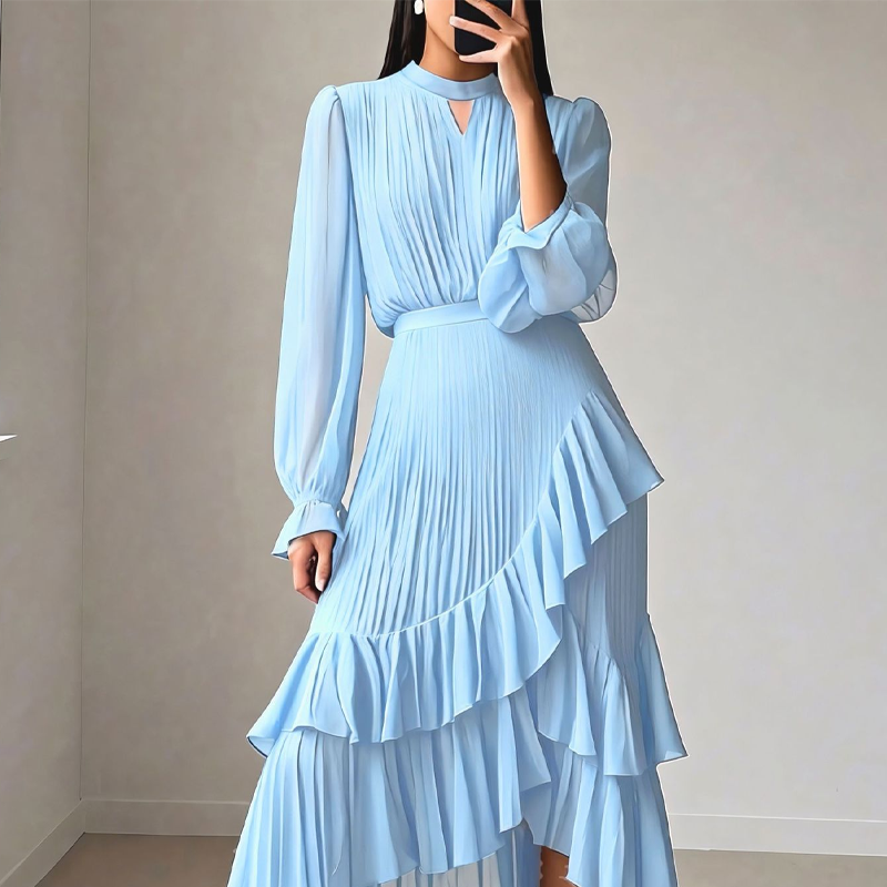 👗💕 50% RABATT! Begränsad Tid | Damernas Midi-klänning med Nyckelhålshals & Volangkant