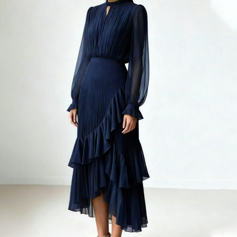 👗💕 50% RABATT! Begränsad Tid | Damernas Midi-klänning med Nyckelhålshals & Volangkant