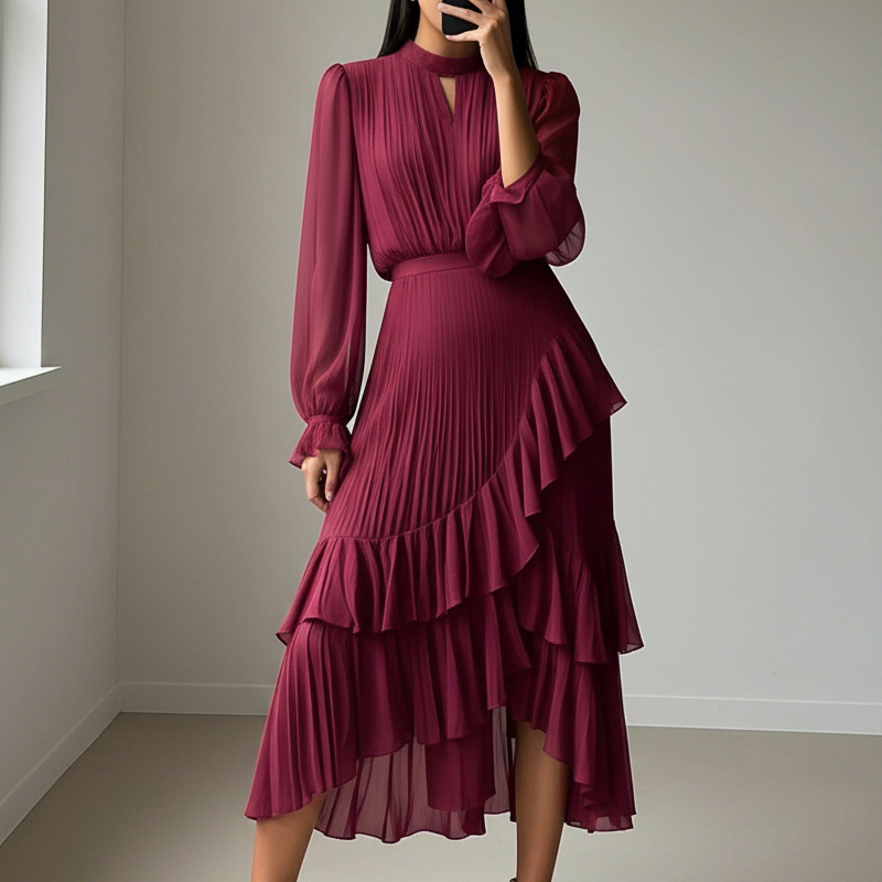 👗💕 50% RABATT! Begränsad Tid | Damernas Midi-klänning med Nyckelhålshals & Volangkant