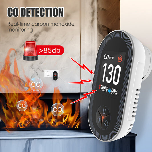 Smartkontakt med temperatur- och luftfuktighetssensor – Luftsäkerhetsmonitor med dubbla sensorer, display samt ljud- och ljusvarningar