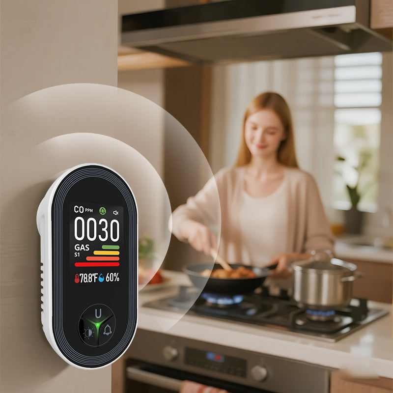 Smartkontakt med temperatur- och luftfuktighetssensor – Luftsäkerhetsmonitor med dubbla sensorer, display samt ljud- och ljusvarningar