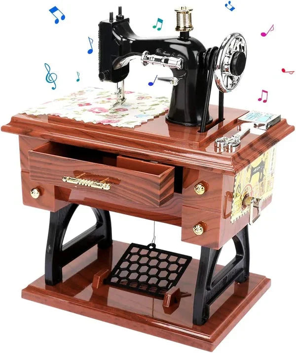 Mini musiklåda i symaskinsform av trä