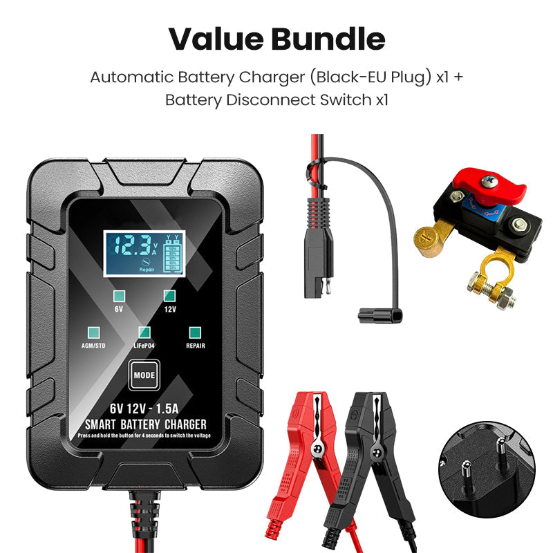 Smart batteriladdare, 6 V och 12 V, underhållsladdare, underhållsladdare och avsulfaterare