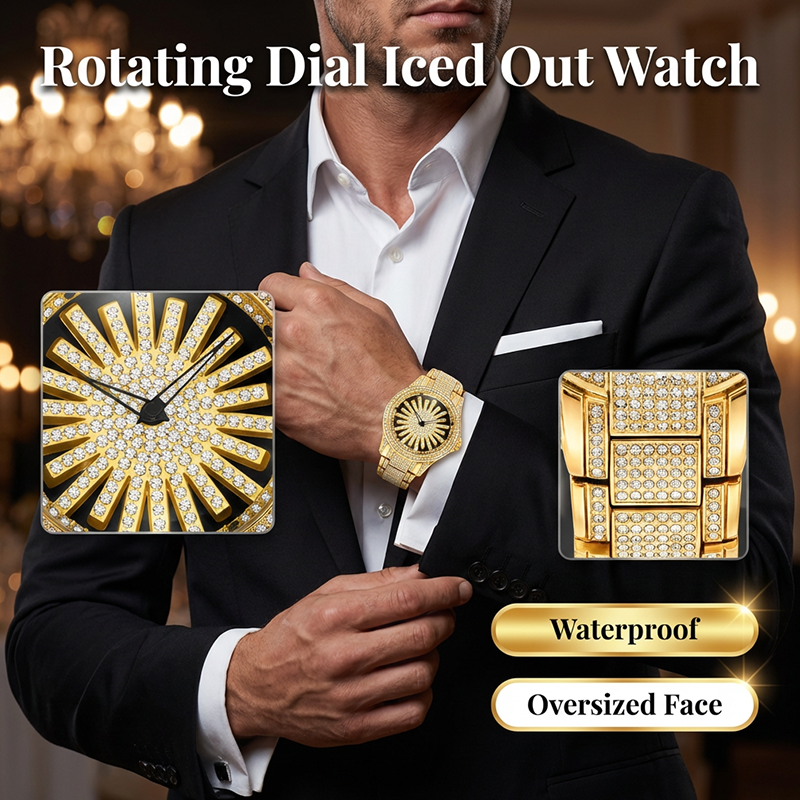 ⌚ 54% RABATT NU! 💎 Herrklocka med isbelagd urtavla och roterande visare – Glittrande Kristaller, Exakt Kvarts & Slitstarkt Mineralglas ✨
